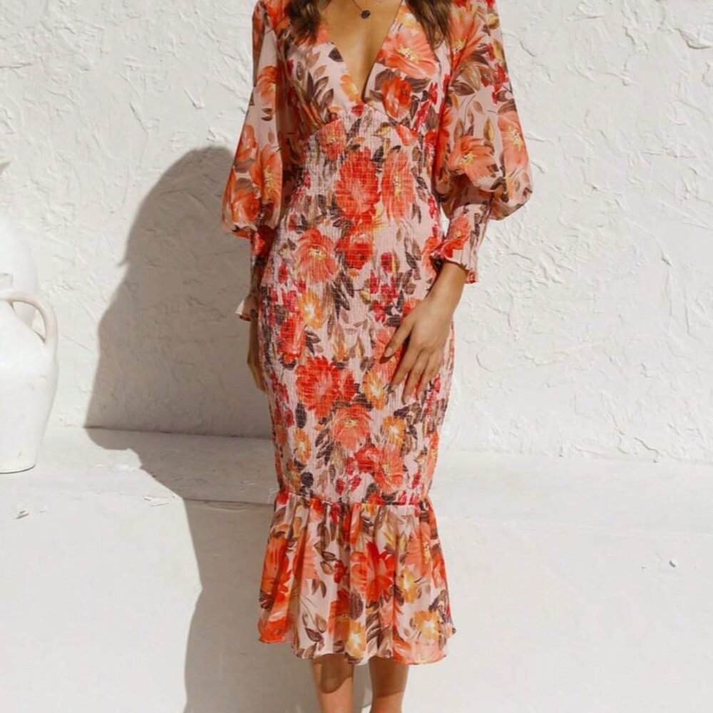 Orange Casual Women's V-Neck Puff Sleeve Floral Smocked Midi Dress - Picture 5 of 5
